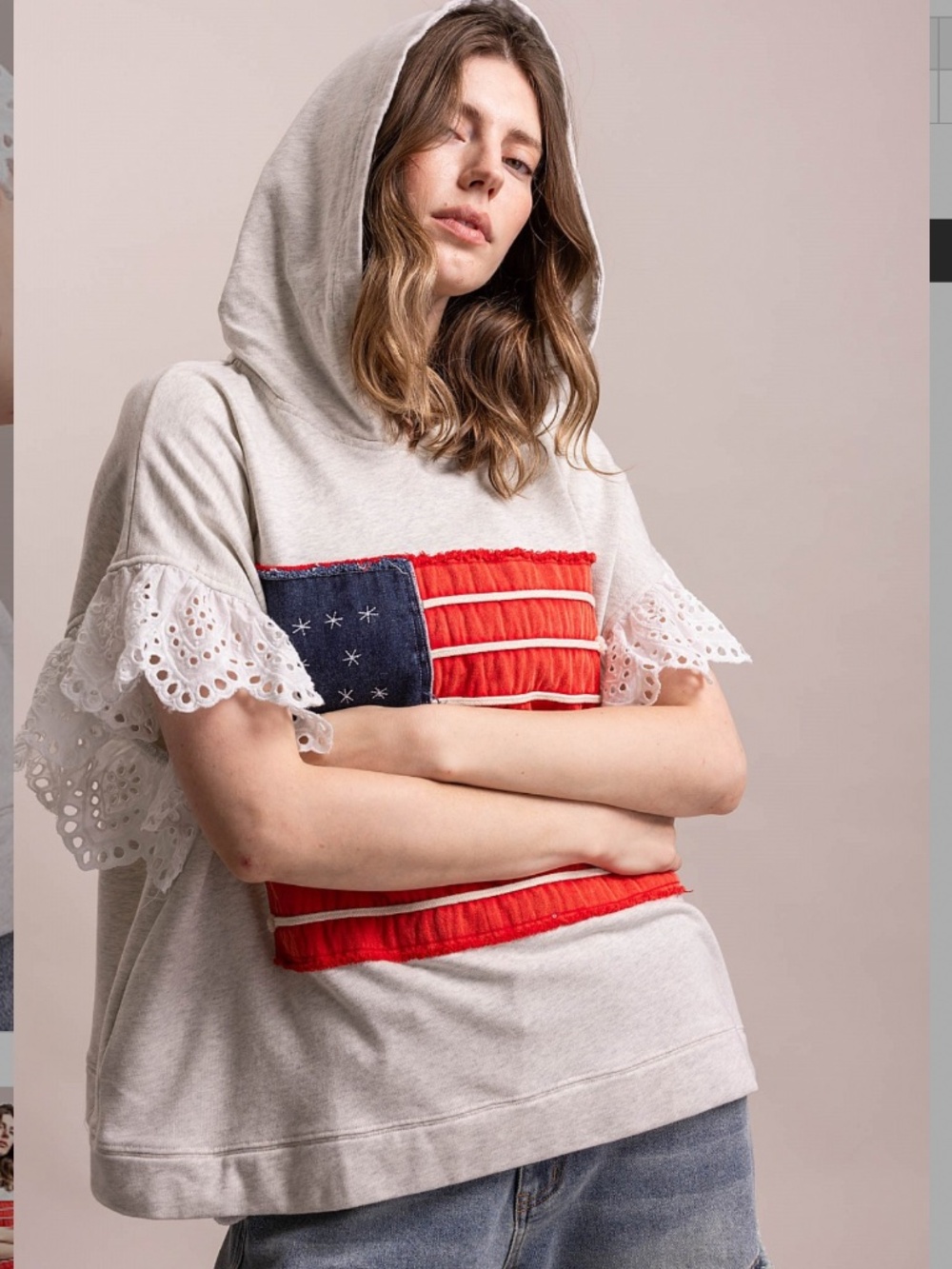 ❤️ BLUE VELVET “USA“ BLUE VELVET SHORT RUFFLE SLEEVE AMERICAN FLAG HOODIE TOP 27 - Picture 4 of 8